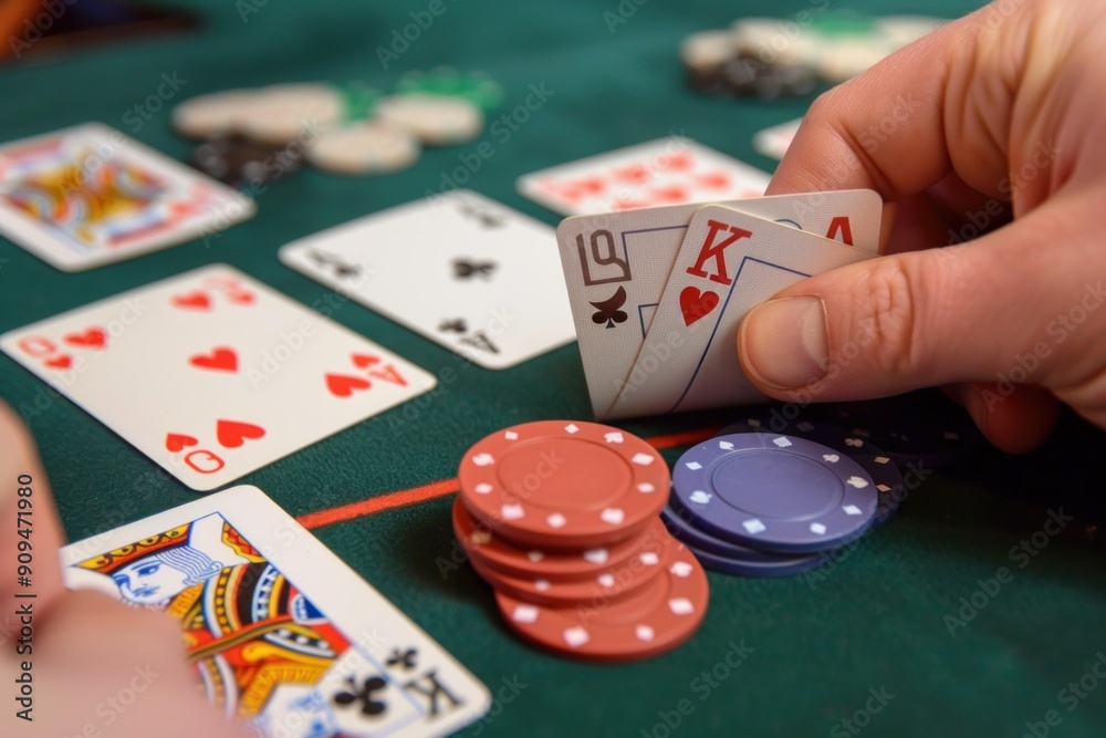 Φωτογραφία Gambler is holding playing cards, showing a king and a jack of hearts, during a