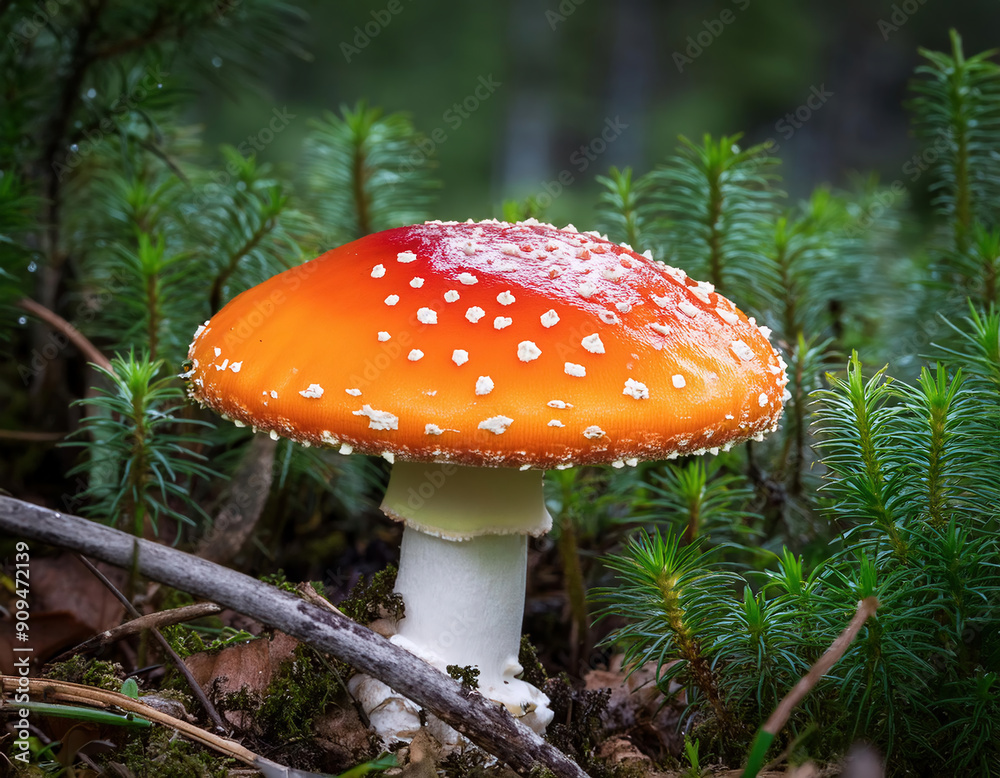 Single growing amanita mushroom with vivid orange cap in white dots among greenery in the forest Single growing amanita mushroom with vivid orange cap in white dots among greenery in the forest