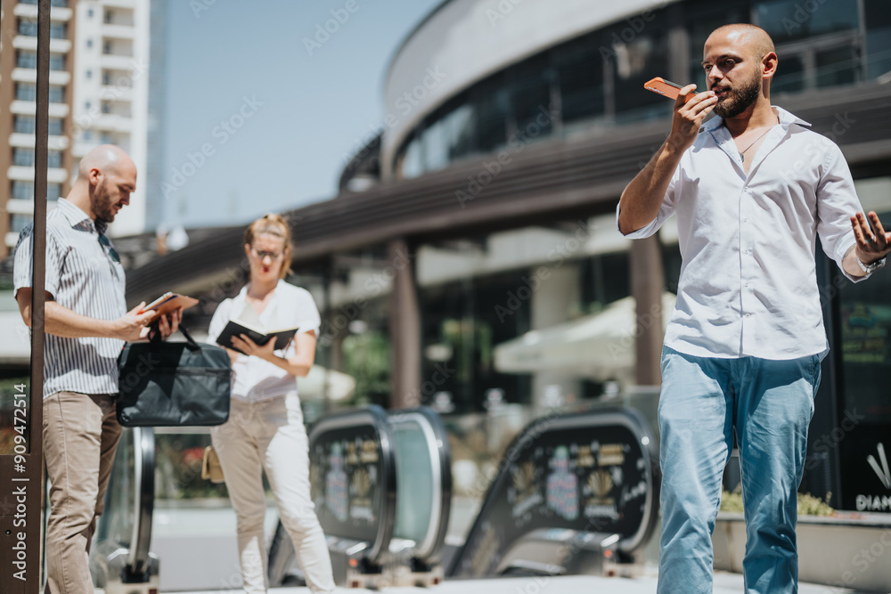 A group of business professionals having a meeting and discussing strategy outside in an urban setting with modern architecture. A group of business professionals having a meeting and discussing strategy outside in an urban setting with modern architecture.