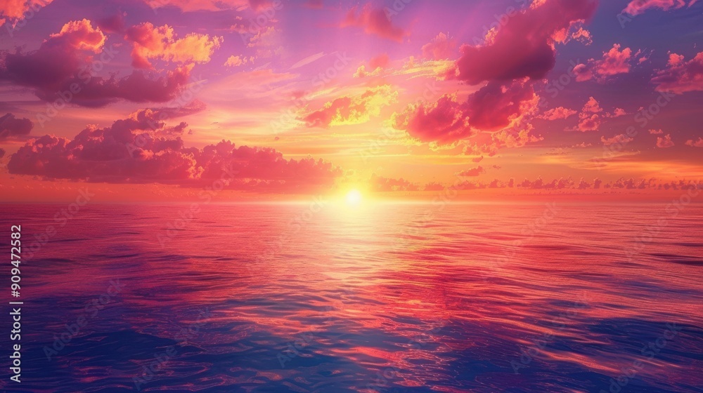 Fototapeta premium Mesmerizing sunset background with a sky ablaze in shades of orange, pink, and purple casting a warm glow over a tranquil ocean horizon perfect for romantic and serene themes evoking feelings of