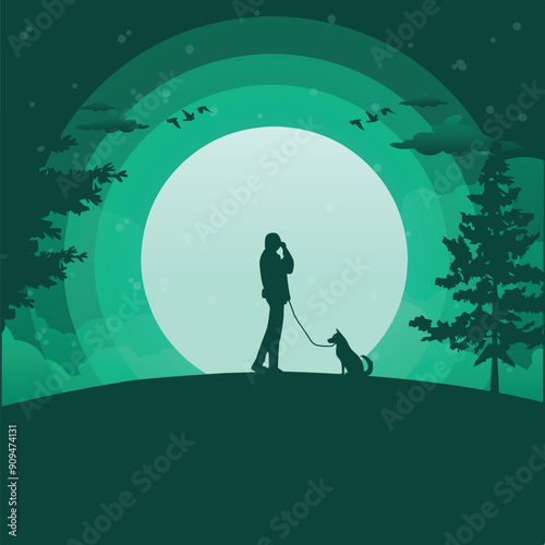 Vector illustration of a girl enjoying the night moon with her beloved dog. Flat vector illustration