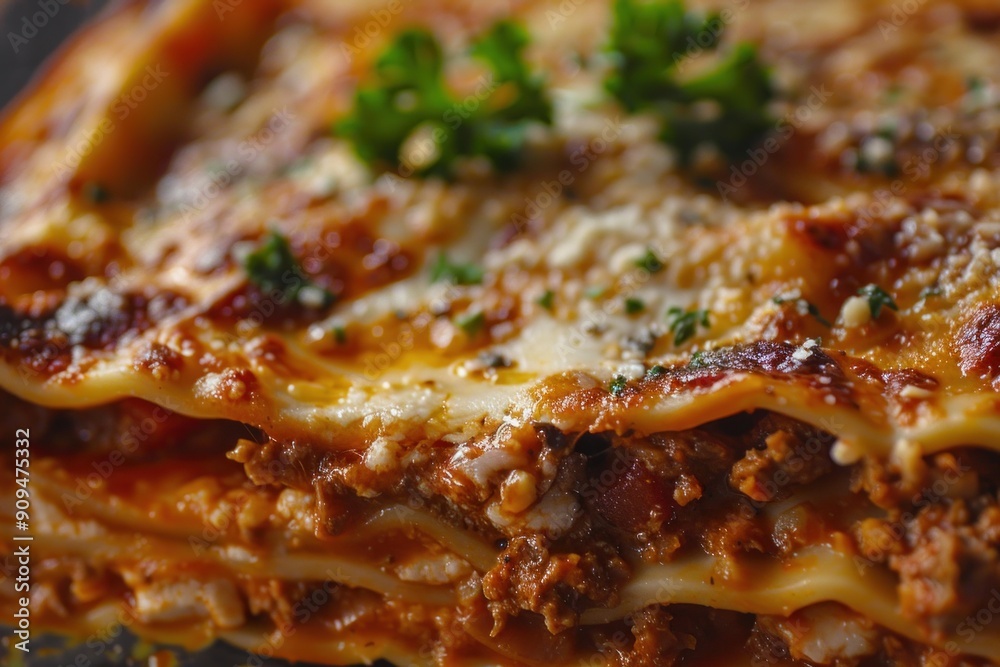 Delicious lasagna with melted cheese and fresh parsley being served on a plate Delicious lasagna with melted cheese and fresh parsley being served on a plate
