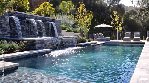 Modern swimming pool with waterfalls in back yard