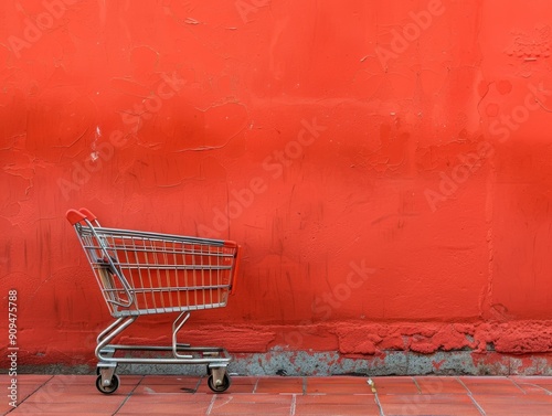 Empty shopping cart against red wall, banner with copy space - ai