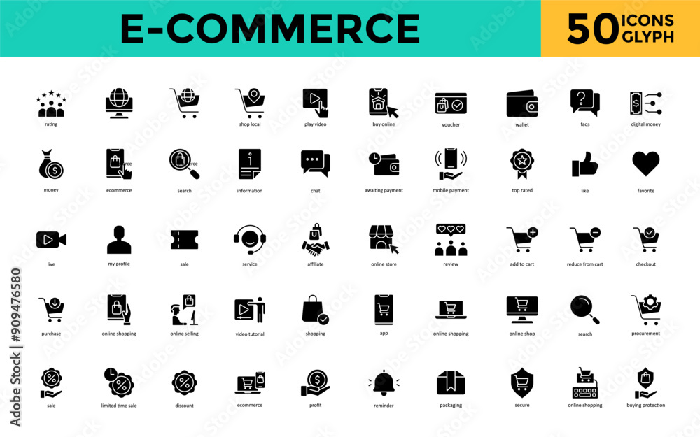 E-commerce icon set with rating, ecommerce, shop local, play video, buy online, voucher, wallet, faqs, digital money icon. Simple glyph vector
E-commerce icon set with rating, ecommerce, shop local, play video, buy online, voucher, wallet, faqs, digital money icon. Simple glyph vector