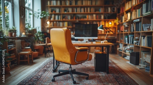 Cozy Home Library with Warm Lighting, Wooden Shelves Filled with Books, a Comfortable Leather Chair, and a Desk Creating a Serene and Inviting Space for Reading and Work