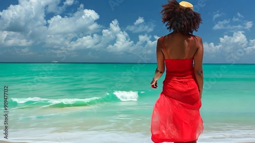 A woman dressed in a red outfit strolls along the shore, gazing at the calm turquoise water under a bright blue sky filled with fluffy clouds photo