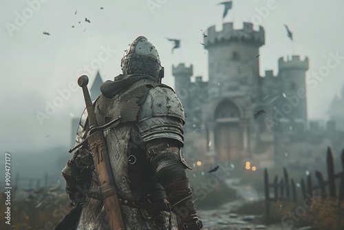Video Game Knight Stares at Bleak Castle with Sword on their Back in Cinematic Fantasy World
