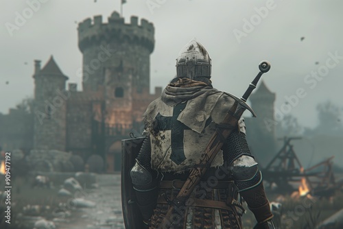 Video Game Knight Stares at Bleak Castle with Sword on their Back in Cinematic Fantasy World