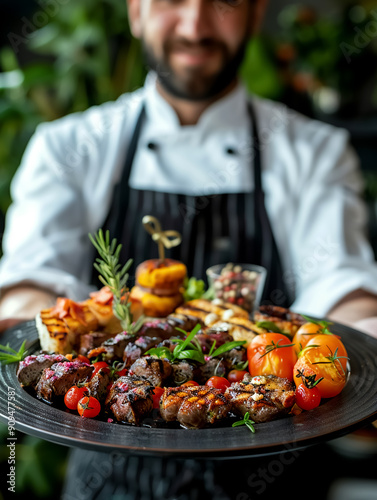 The chef holding a beautifully arranged platter of assorted grilled meats and vegetables garnished with fresh herbs, showcasing a gourmet meal