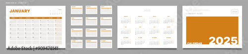 Set of 2025 Pages Monthly Calendar Planner Templates, Cover with Place for Photo, Company Logo, Annual. Design of Vector layout Calendar Pages size A4-21x29.7 cm in for print. Week start on Monday