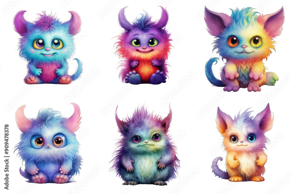 Fototapeta premium Six Colorful Furry Creatures with Big Eyes