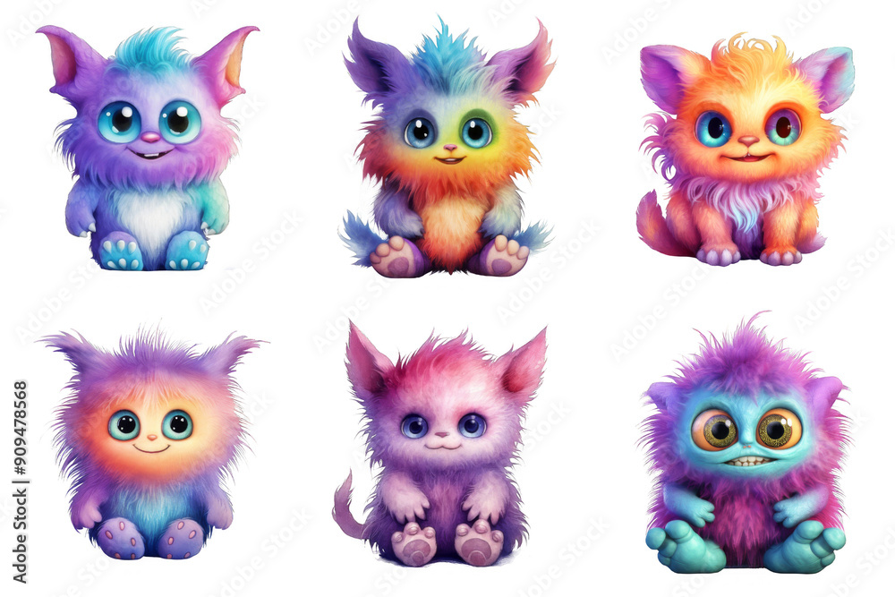 Six Colorful Fuzzy Creatures with Large Eyes Sitting Six Colorful Fuzzy Creatures with Large Eyes Sitting