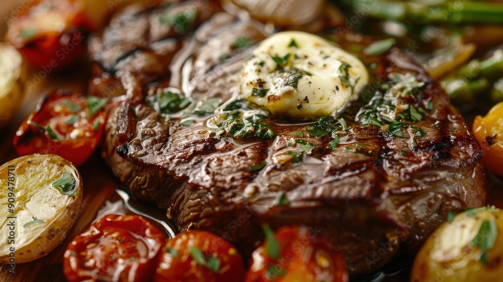 Juicy Ribeye Steak with Flavored Butter and Roasted Veggies Juicy Ribeye Steak with Flavored Butter and Roasted Veggies