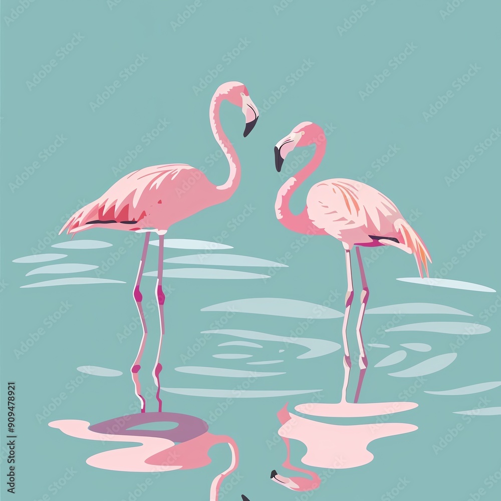 Obraz premium Two pink flamingos standing in a blue pond, looking at each other. The water is reflecting the pink flamingos. The background is a light blue color.