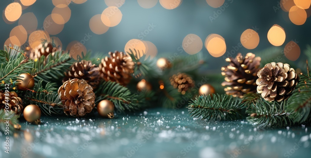 Christmas Decoration with Pine Cones and Twigs on Blue Background Christmas Decoration with Pine Cones and Twigs on Blue Background