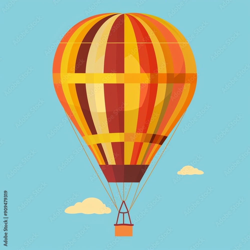 Fototapeta premium Create a illustration of a hot air balloon. The balloon should be orange and yellow with brown stripes and a brown basket. The sky should be blue with white clouds.