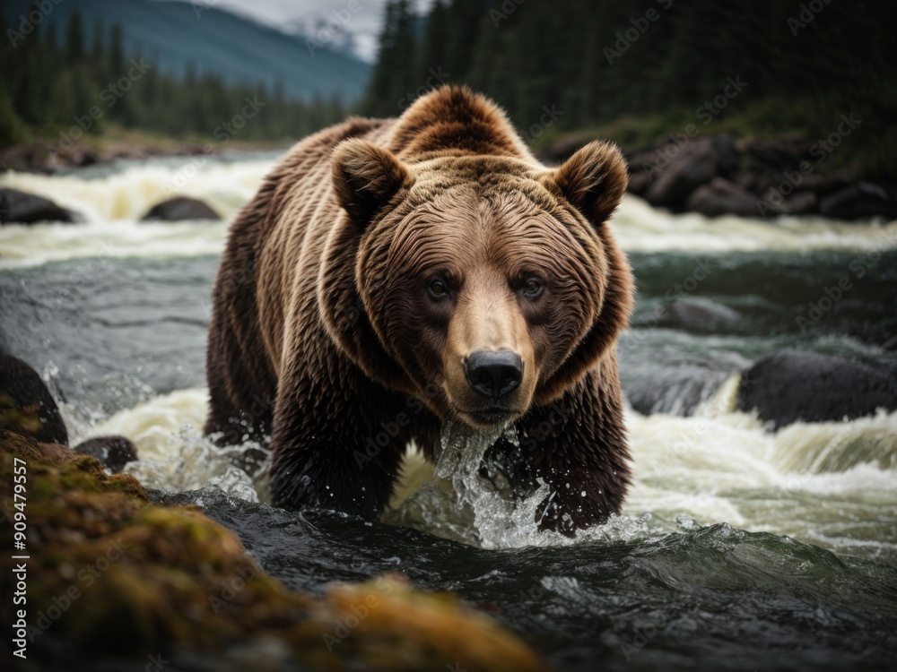 Grizzly bear hunting in a river for salmon Grizzly bear hunting in a river for salmon