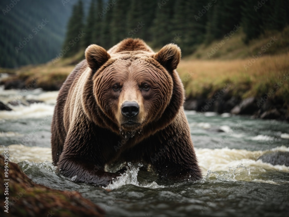 Grizzly bear hunting in a river for salmon Grizzly bear hunting in a river for salmon