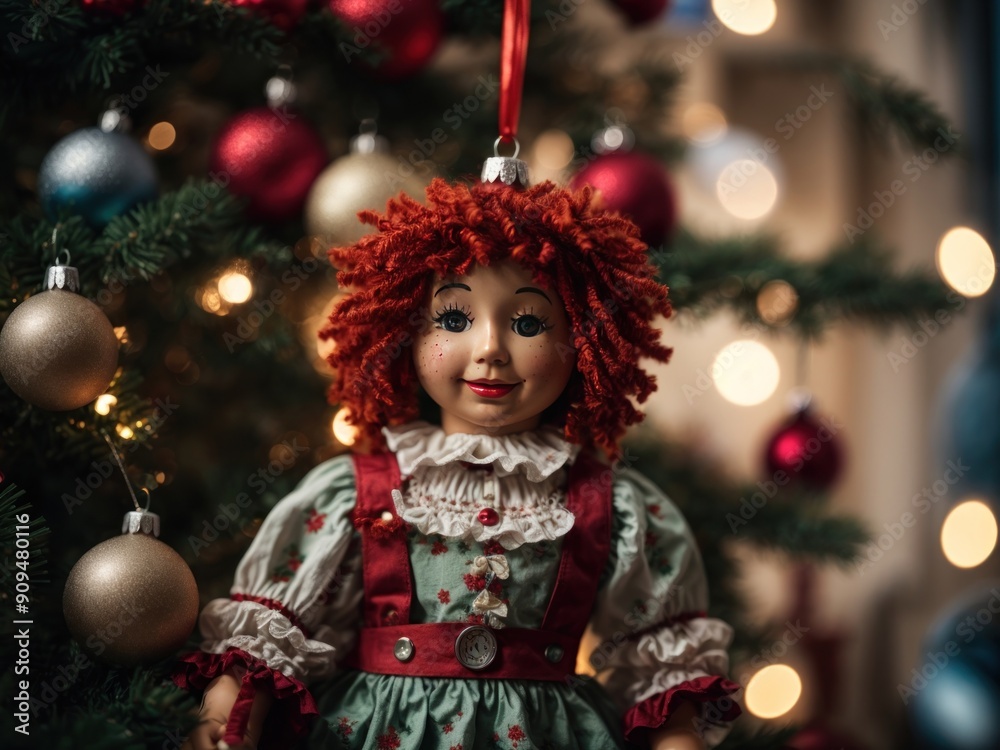 Handmade Raggedy Ann Doll Ornament hanging on the Christmas tree Handmade Raggedy Ann Doll Ornament hanging on the Christmas tree