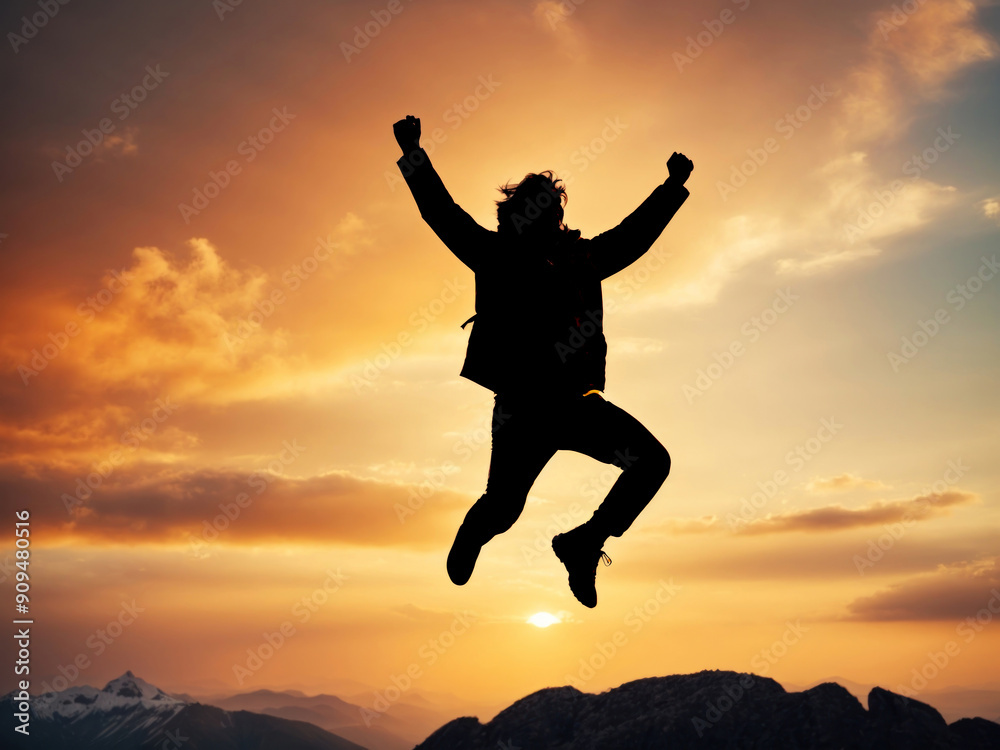 Happy man jumping at top of mountain with sunset sky Happy man jumping at top of mountain with sunset sky