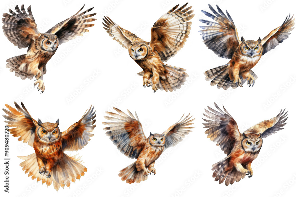 Owl In Flight Inlay Six Great Horned Owls in Flight with Spread Wings Stock Illustration ...