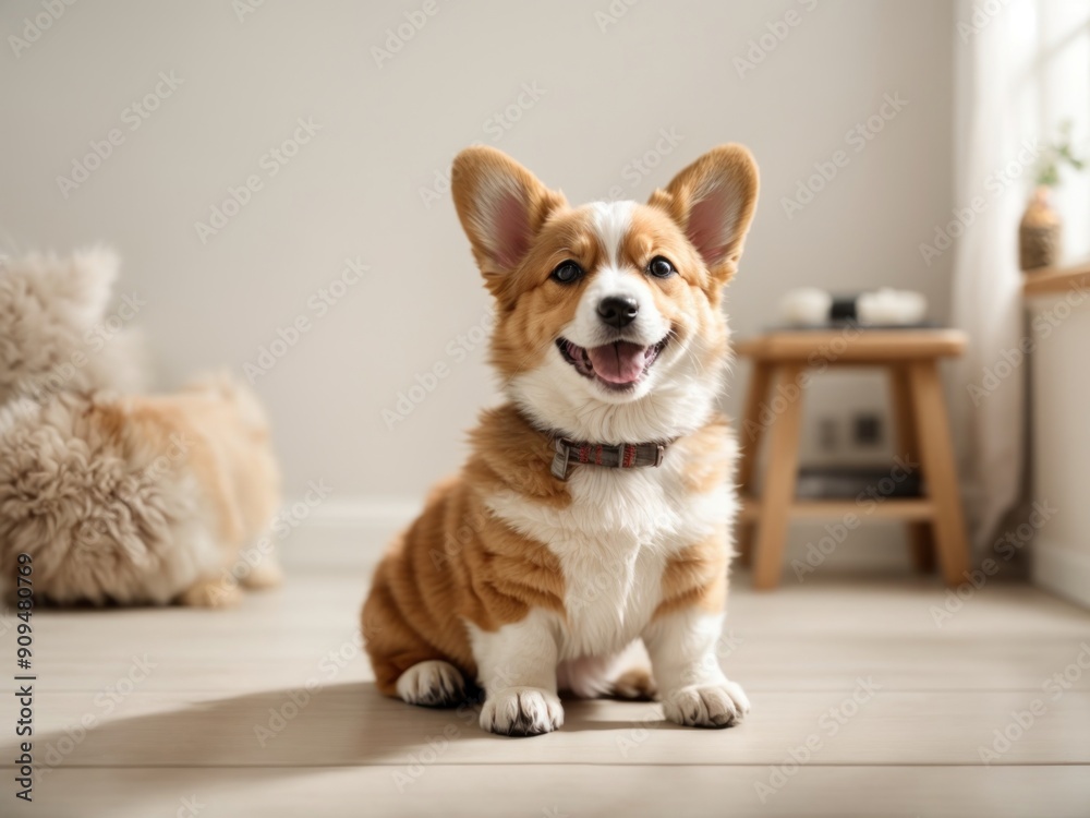 happy Puppy seating in white room happy Puppy seating in white room