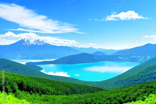 Mountainous landscape with a lake and cloudy sky, featuring green grass, trees, and snow-capped peaks