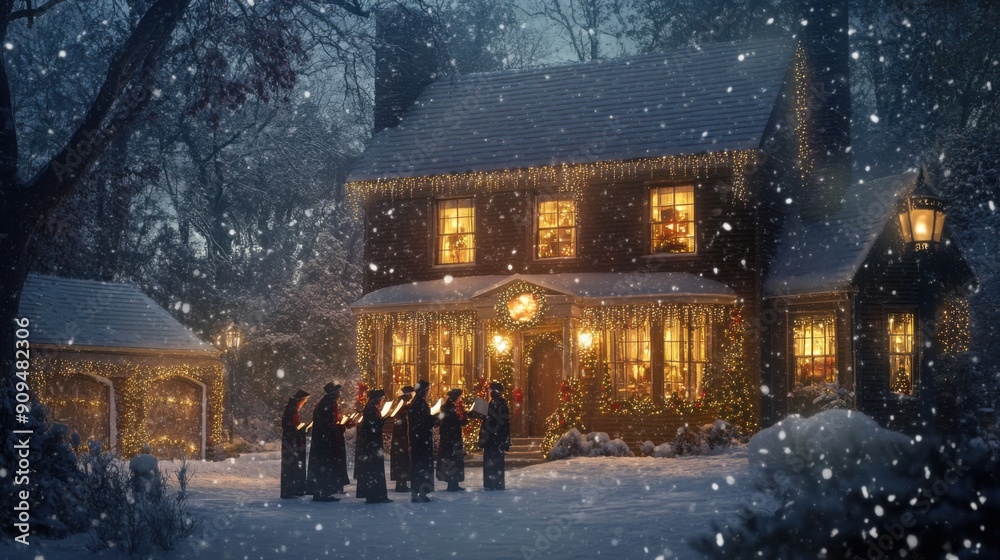Festive Christmas Carolers Bring Holiday Cheer to a Cozy Neighborhood Scene Festive Christmas Carolers Bring Holiday Cheer to a Cozy Neighborhood Scene