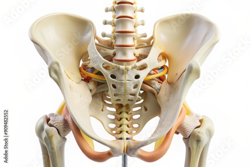 Detailed anatomical model of human pelvis in a doctor's hand, showcasing intricate bone structure, joints, and details, against a clean white background.