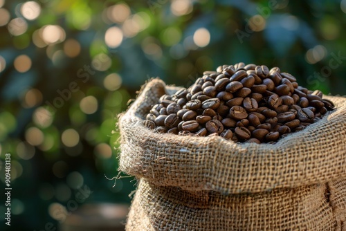 Freshly roasted coffee beans spilling from a burlap sack with a plantation background