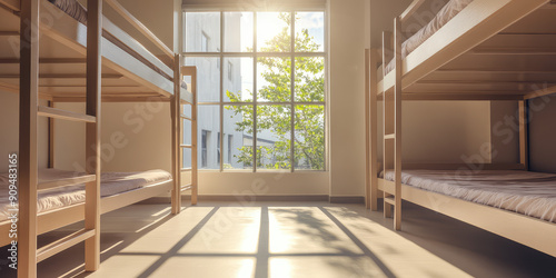 Simple empty bunk beds in sunny room. Shared bunk bed dormitory room  hostel accommodation interior. 