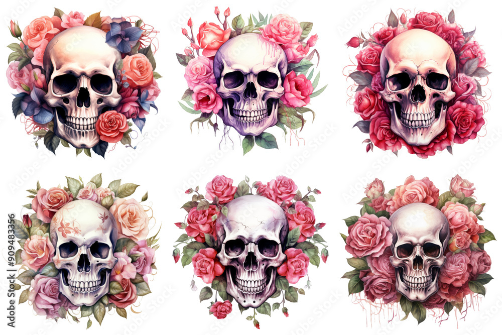 Six Human Skulls Adorned with Pink Roses Six Human Skulls Adorned with Pink Roses