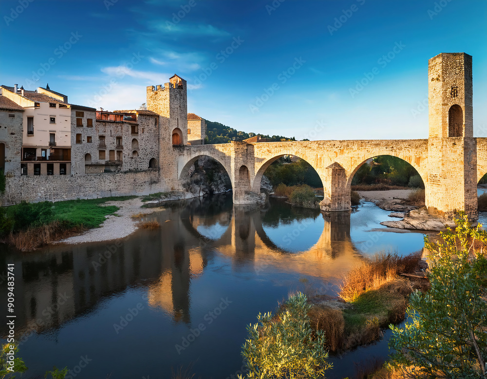 view of a medieval bulidings, towers and bridge in the greenery with blue sky view of a medieval bulidings, towers and bridge in the greenery with blue sky