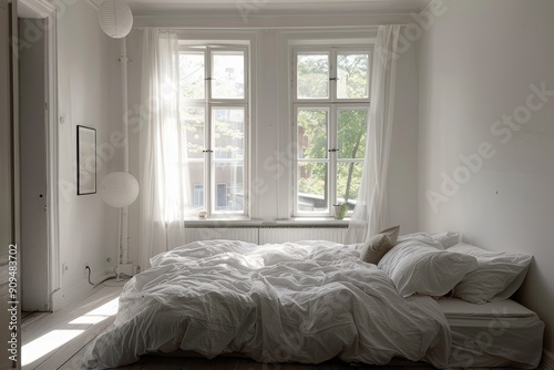 Cozy white bedroom with minimal design  soft bedding  and plenty of natural light
