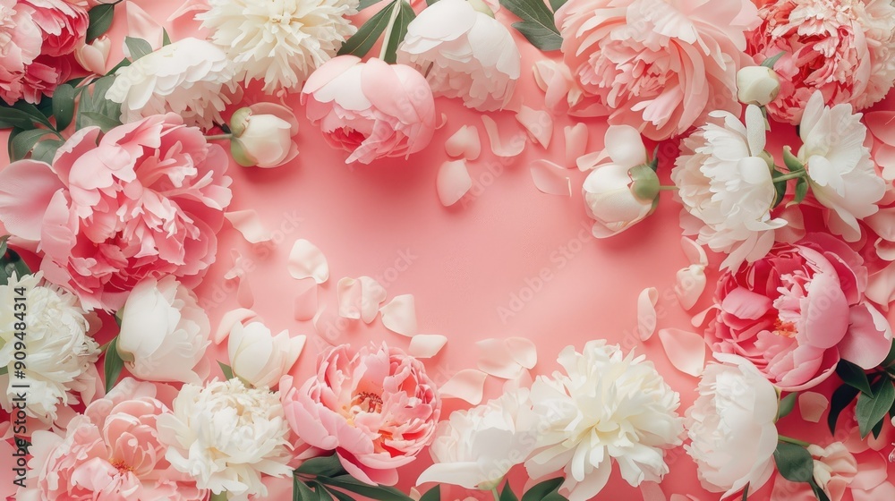 A stylish flat lay arrangement showcasing a frame of beautiful peony flowers on a blush pink background, offering a chic and sophisticated design element for enhancing various creative projects. A stylish flat lay arrangement showcasing a frame of beautiful peony flowers on a blush pink background, offering a chic and sophisticated design element for enhancing various creative projects.