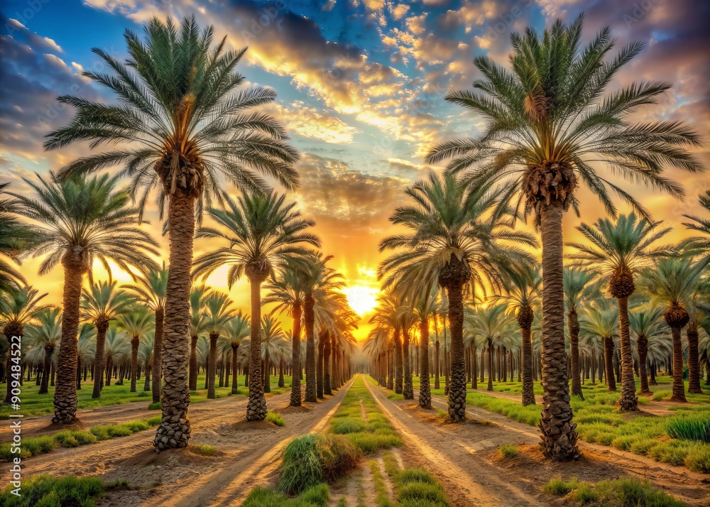 Obraz premium Vibrant sunrise casts golden light on endless rows of majestic date palms, symbolizing sustainable agriculture and economic growth in arid Middle Eastern landscapes.