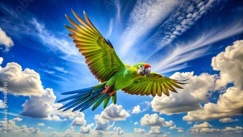 Vibrant green parrot in mid-air, wings outstretched, feathers ruffled, eyes fixed forward, soaring through bright blue sky with wispy white clouds gently drifting by. photo