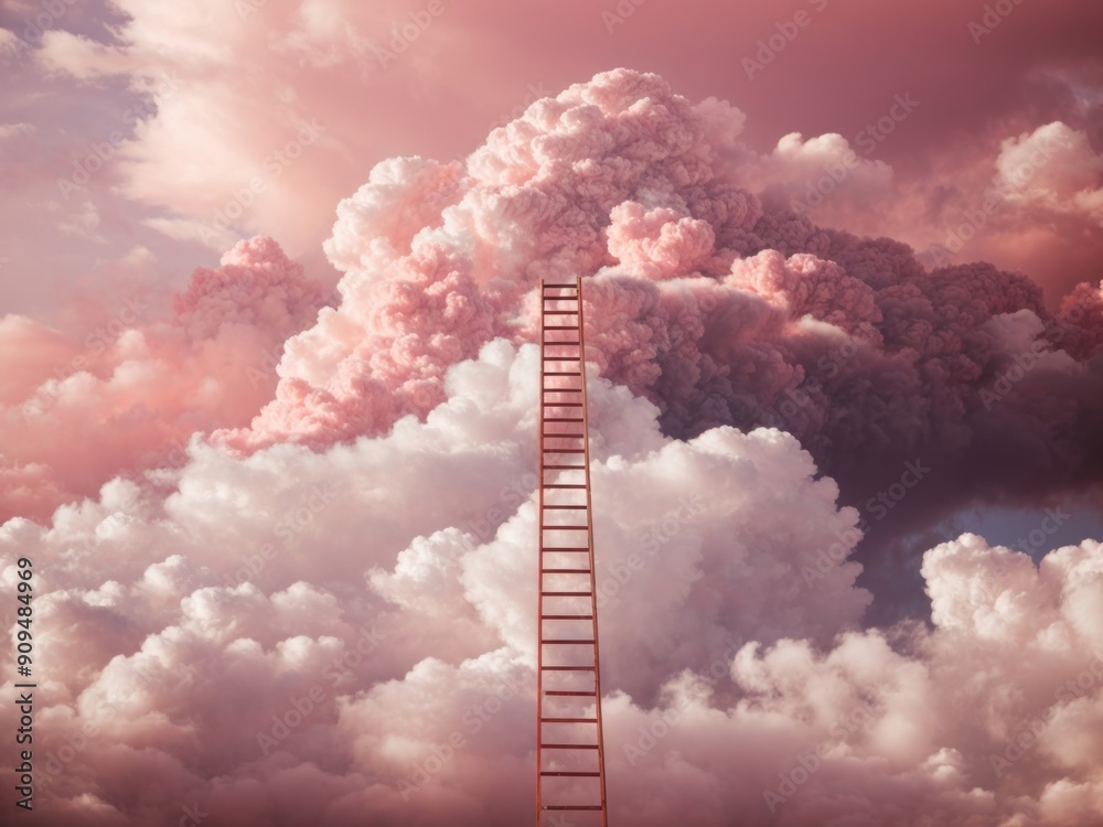 Fototapeta premium Ladder going up to a pink cloud