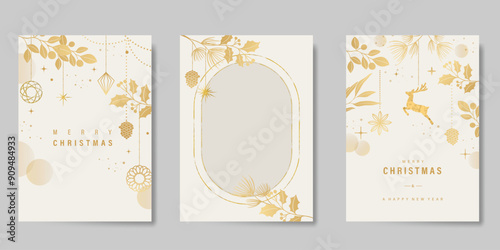 Luxury Merry Christmas and Happy New Year card vector. Winter leaves branch, pinecone, bauble, reindeer with gold foil texture on white background. Illustration for cover, print, poster, invitation.