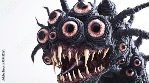 A terrifying creature featuring multiple eyes and sharp teeth, perfect for horror art and monster design concepts.