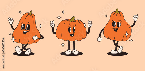 Set of groovy pumpkin characters in retro style. Flat vector illustration.