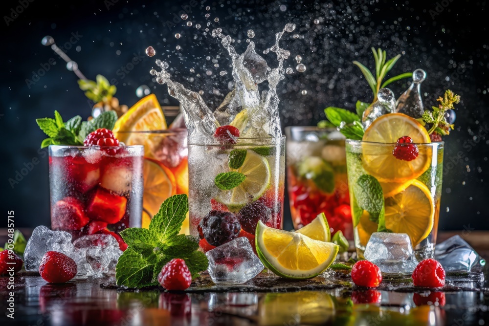 Vibrant cocktail assortment featuring refreshing drinks with berries, lemon, herbs, and ice, surrounded by water splashes, against a dark background, perfect for summer parties.