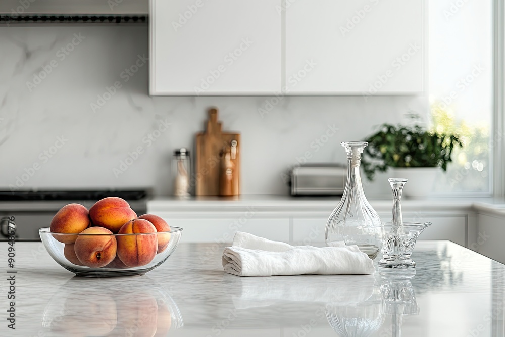 A marble kitchen countertop with empty space for product display, a hand towel, a bowl of limes, and a ceramic container in a modern white kitchen A marble kitchen countertop with empty space for product display, a hand towel, a bowl of limes, and a ceramic container in a modern white kitchen