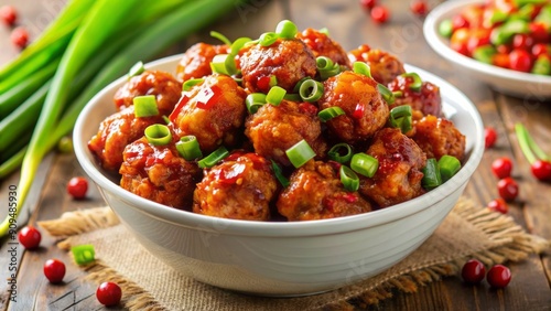 Vibrant Gobi Manchurian dish arranged artfully in a white ceramic bowl, garnished with fresh green onions and a sprinkle of red chili flakes.