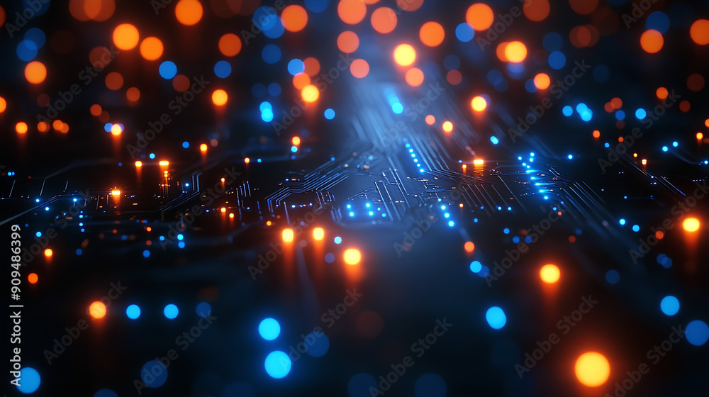Obraz premium Abstract digital network circuit board background banner with glowing light and connecting data dots in blue and black colors. Big data technology concept
