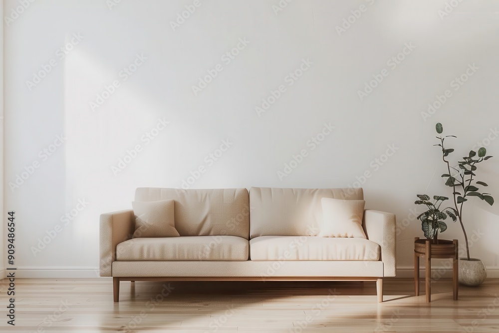 minimalist living room with expansive blank white wall sleek beige sofa anchoring space soft natural light creating subtle shadows and depth minimalist living room with expansive blank white wall sleek beige sofa anchoring space soft natural light creating subtle shadows and depth