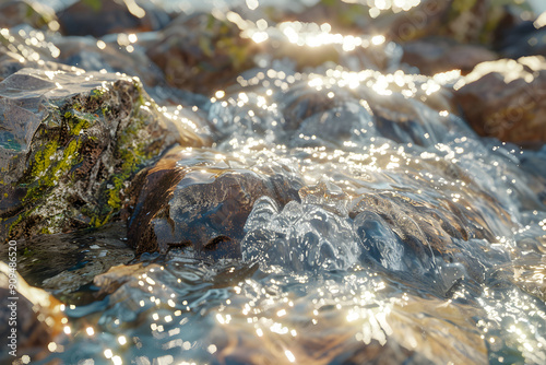 Close-up of sparkling water flowing over rocks in a stream.