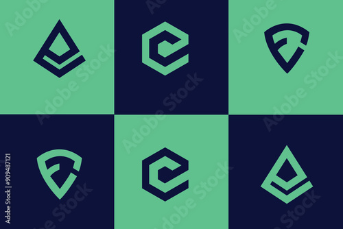 letter e Set, Shield icon set in vintage style. Protect shield security line icons. Badge quality symbol