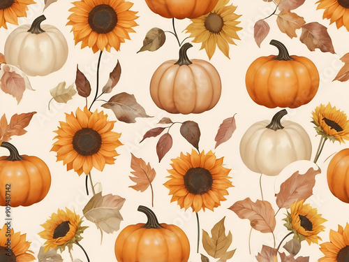 abstract glowing watercolor Fall pattern with pumpkins on cream background and sunflower